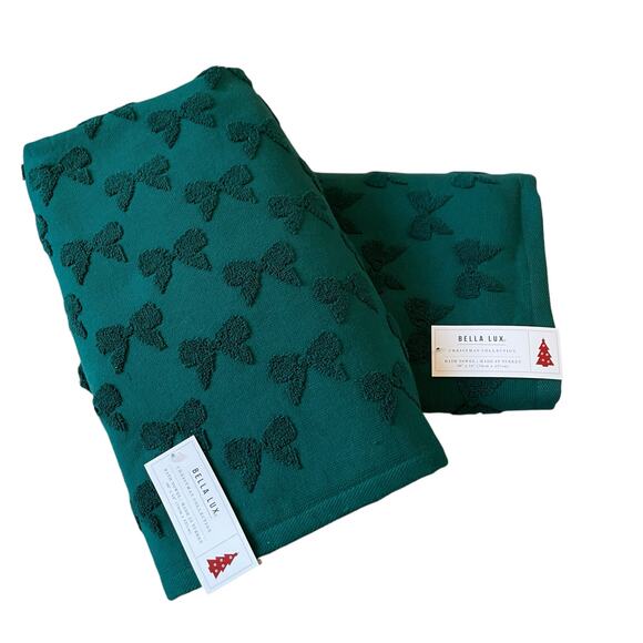 Bella Lux Christmas Bows Bath Towel Set of 2 Chic Holiday Green Bathroom Decor - Picture 14 of 16